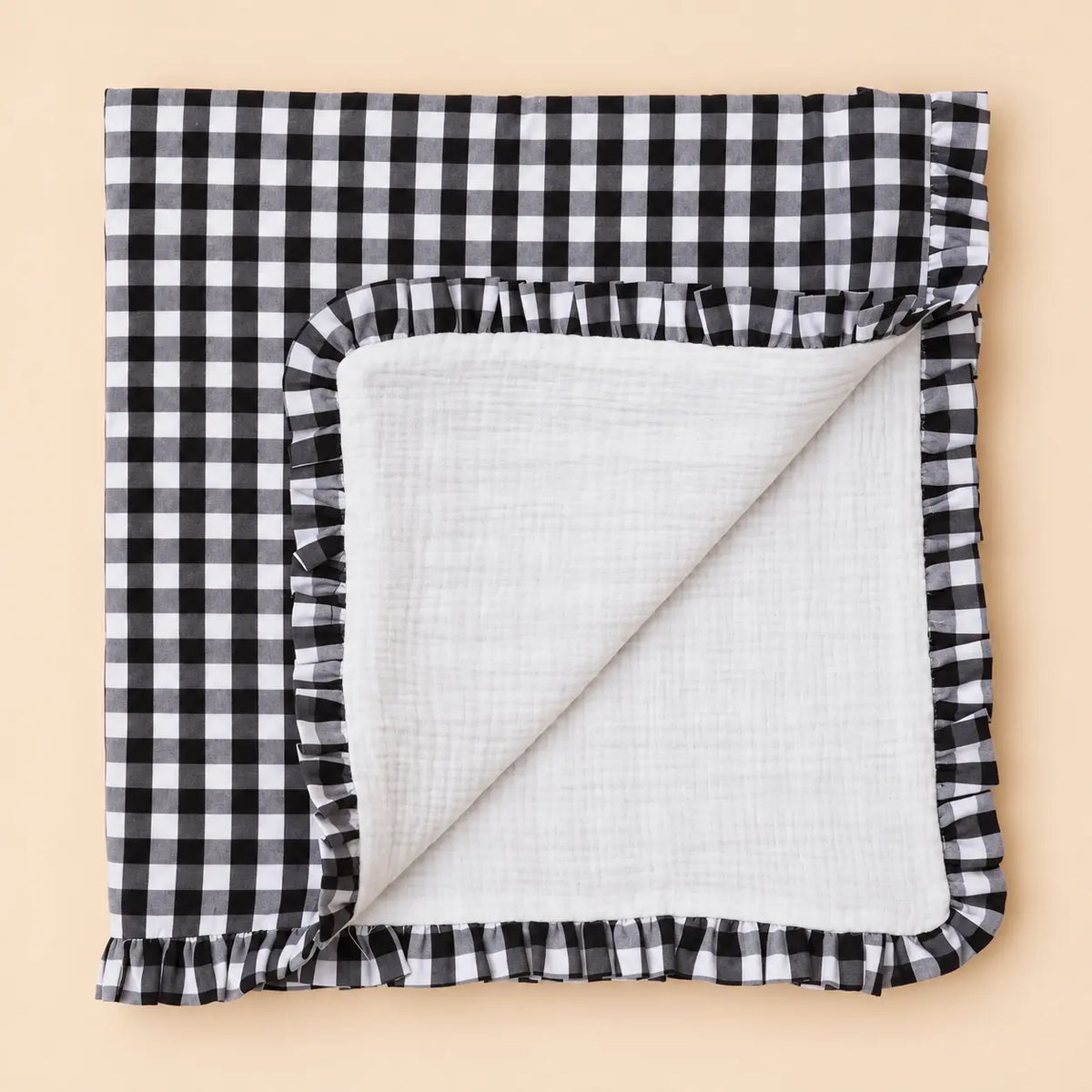 Colcha muselina con volante Vichy negro | BAPUM