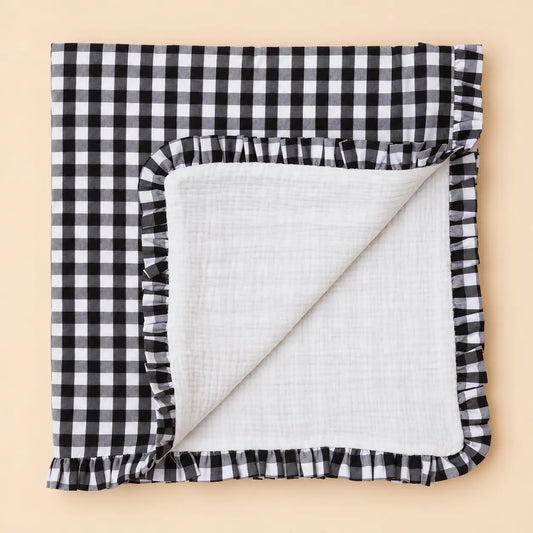 Colcha muselina con volante Vichy negro | BAPUM